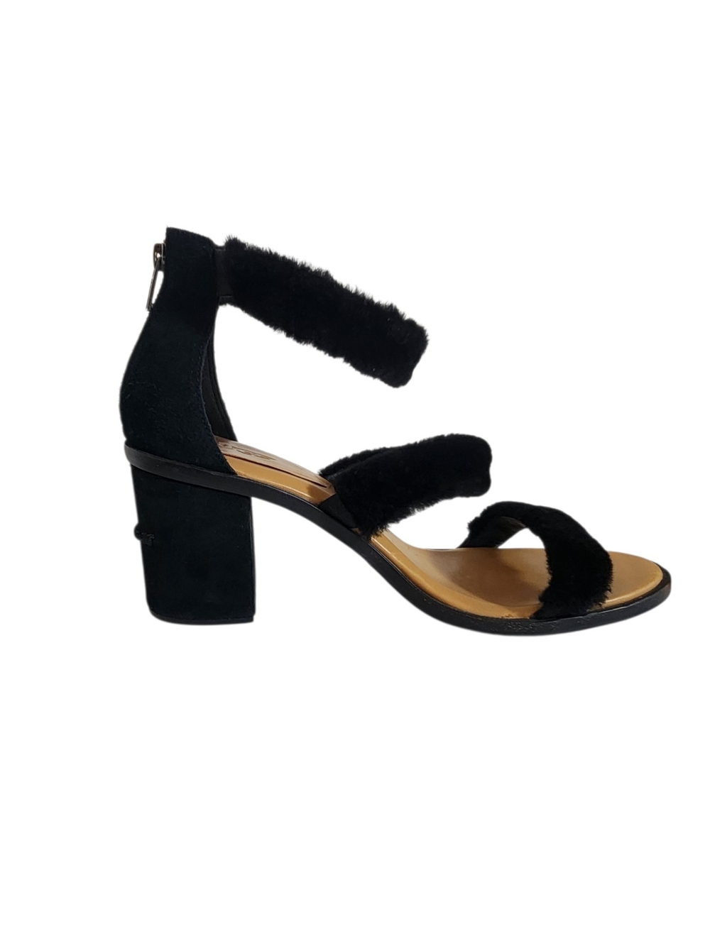 UGG Del Rey Fluff Black Fuzzy Block Heel Sandals Size 12